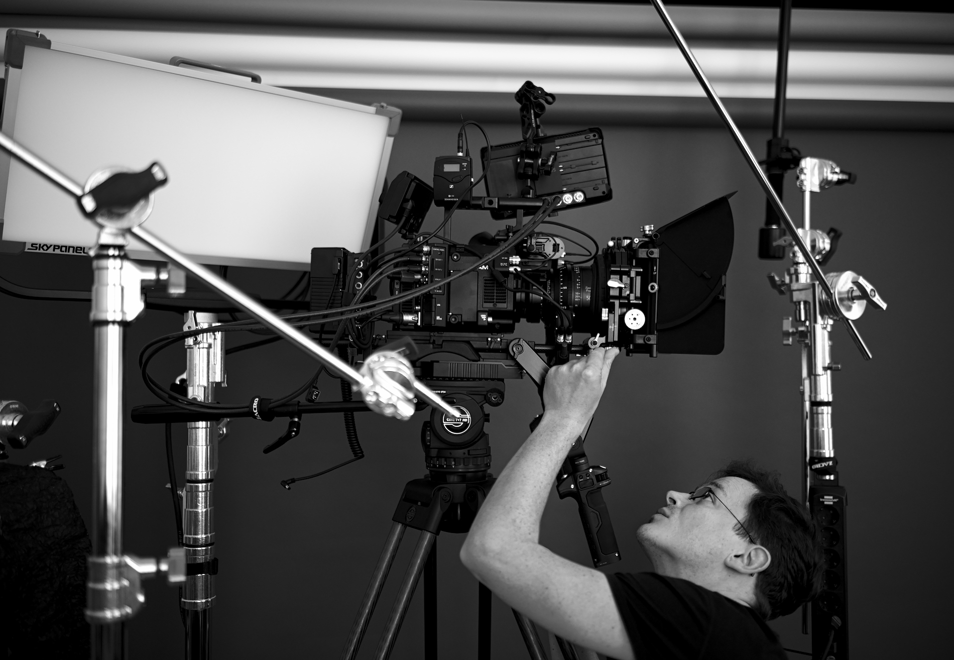 Theater and film director Sebastián Ugovsky.Strassburger on camera varicam testing on film set